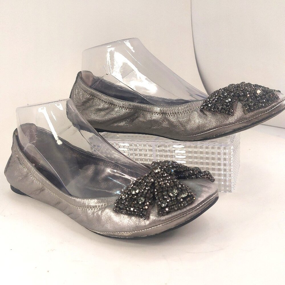 Tory Burch Metallic Silver Leather Eddie Scrunch Ballet Flats Size 8.5M